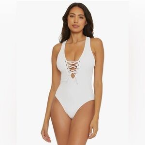 NEW w/TAGS BECCA Rebecca Virtue Modern Edge Gia Lace-Up Plunge One-Piece Swim